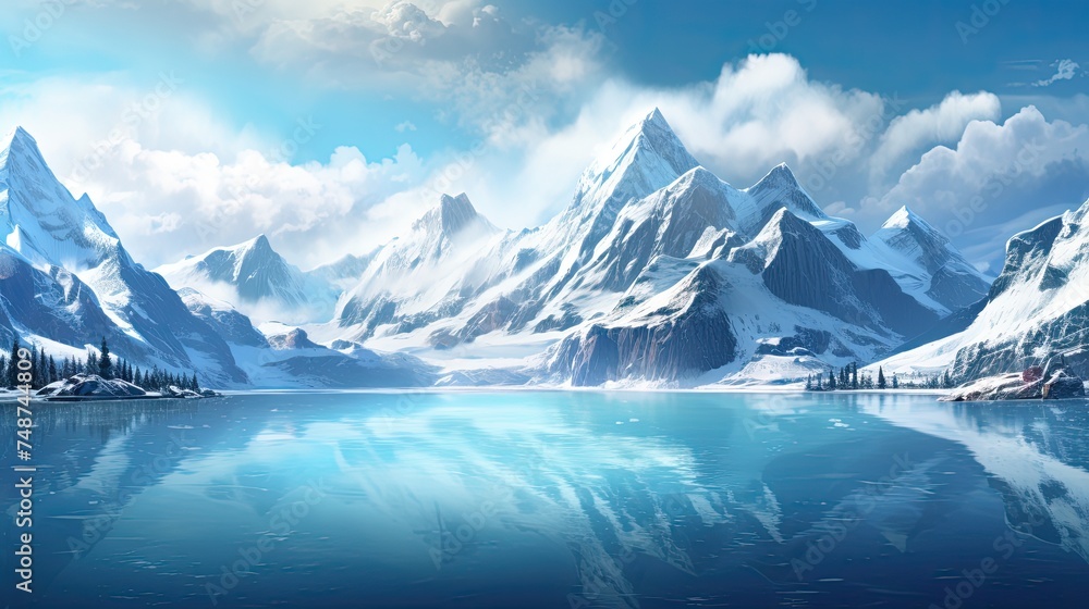 Snow Covered Mountains and Lake with Cloudy Sky in Blue and White. Scenic Winter Landscape with Glacier, Nature, Ice, and Water