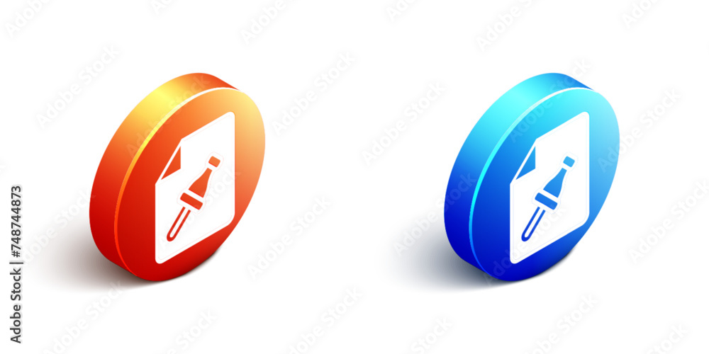 Isometric Note paper with pinned pushbutton icon isolated on white background. Memo paper sign. Orange and blue circle button. Vector Isometric Note paper with pinned pushbutton icon isolated on white background. Memo paper sign. Orange and blue circle button. Vector