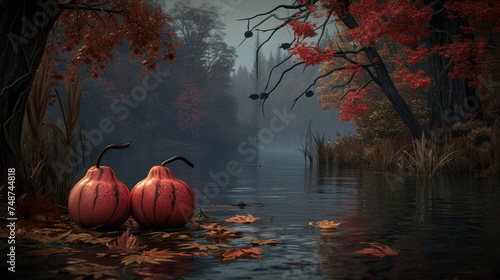 a painting of two red pumpkins sitting in the middle of a lake surrounded by trees with leaves on the ground. photo