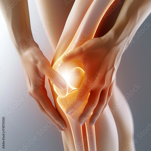 Knee pain, joint inflammation, bone fracture, woman suffering from osteoarthritis, leg injury, ai technology