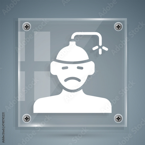 White Concussion, headache, dizziness, migraine icon isolated on grey background. Square glass panels. Vector