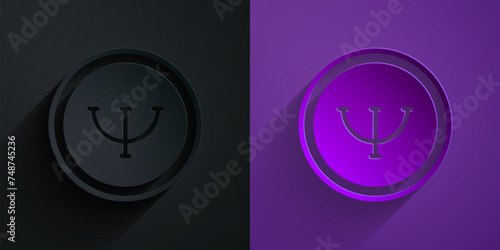 Paper cut Psychology icon isolated on black on purple background. Psi symbol. Mental health concept, psychoanalysis analysis and psychotherapy. Paper art style. Vector
