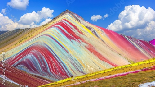 a mountain covered in multicolored rocks under a blue sky with clouds in the background and a few white clouds in the sky. photo