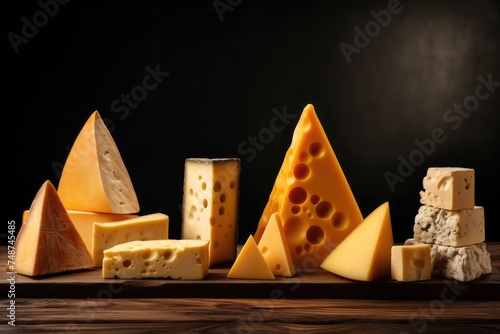 Delicious pieces of different types of luxury cheese, cheese wallpaper. Generative Ai.