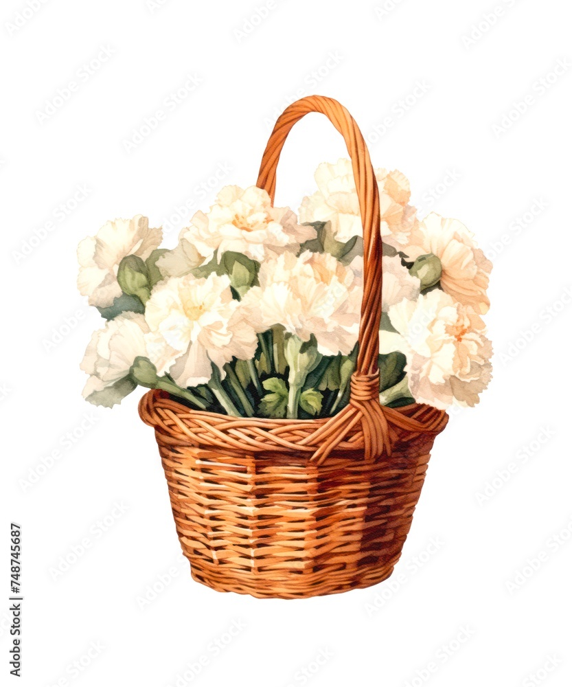 Watercolor illustration of a wicker basket with bouquet of white carnations isolated on white background.