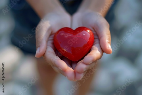 Glossy red heart resting gently in open hands, symbolizing the preciousness of life and the spirit of giving, against a soft blurred background.