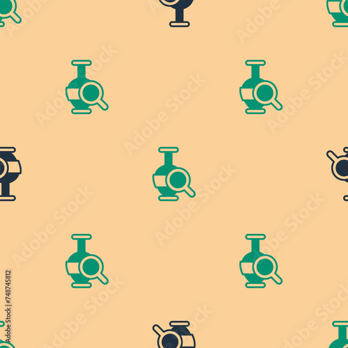Green and black Ancient amphorae icon isolated seamless pattern on beige background. Vector