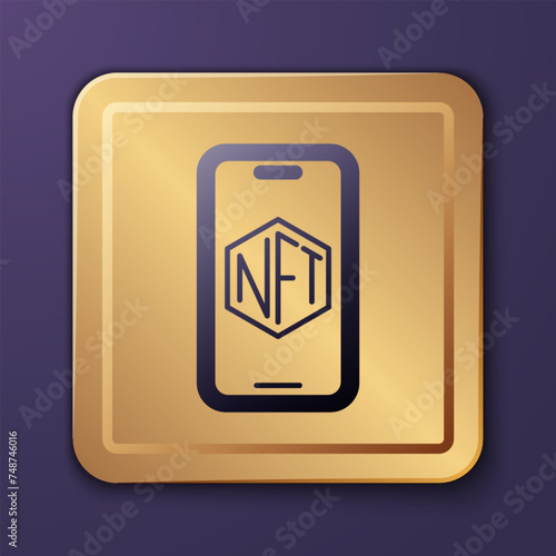 Purple Mobile with art store app icon isolated on purple background. Technology of selling NFT tokens for cryptocurrency. Non fungible token. Gold square button. Vector