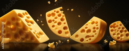 Delicious pieces of luxury cheese with holes, flowing on dark panorama background. Generative Ai.