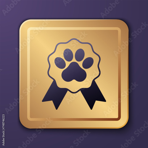 Purple Pet award symbol icon isolated on purple background. Badge with dog or cat paw print and ribbons. Medal for animal. Gold square button. Vector