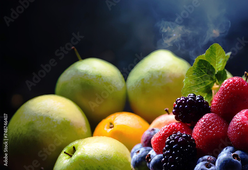 Still life with fruit. Fresh fruits and vegetables  apples  blueberries  strawberries  grapes  raspberries  oranges. healthy and natural products..