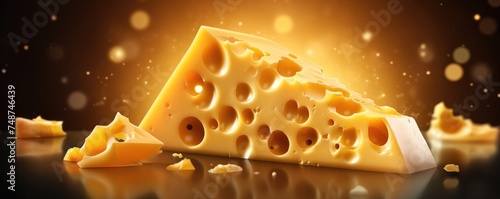 Delicious pieces of luxury cheese with holes, flowing on dark  background. Generative Ai.