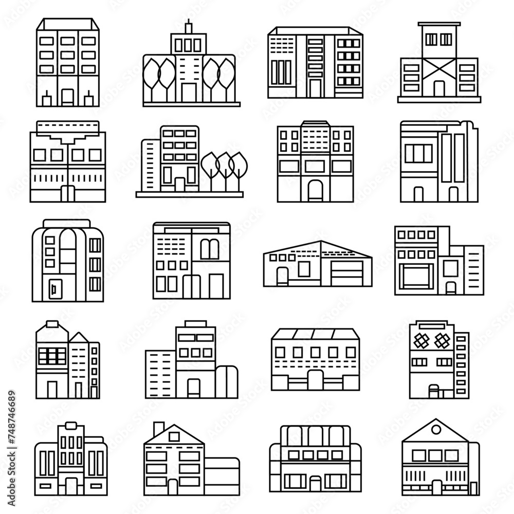 Buildings line icon set. Bank, school, courthouse, university, library. Architecture concept. Can be used for topics like office, city, real estate