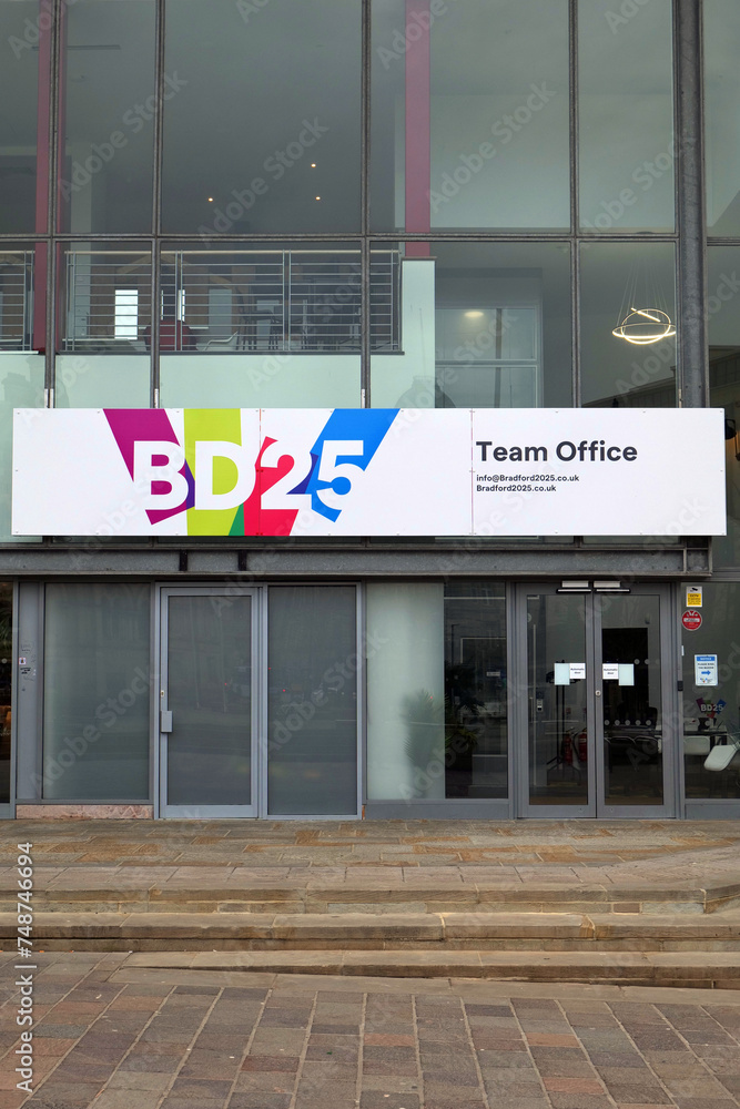 Entrance to the offices of the Bradford City of Culture 2025, showing the bright BD25 logo on