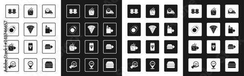 Set Fast delivery by car, Slice of pizza, Plate, Coffee cup to go, Online ordering and, Asian noodles chopsticks, burger and icon. Vector