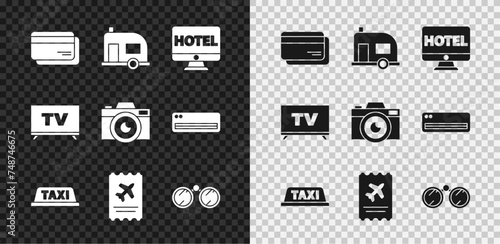 Set Credit card, Rv Camping trailer, Online hotel booking, Taxi roof, Airline ticket, Binoculars, Smart Tv and Photo camera icon. Vector