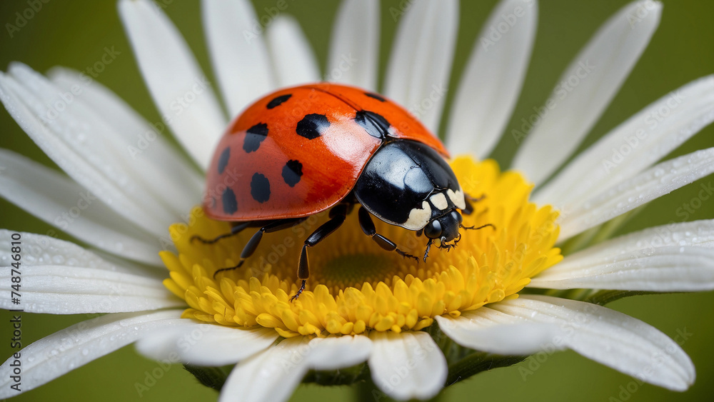 Fototapeta premium A beautiful shot a curious ladybug examining the intricate details of a colorful daisy and its black spots standing out against the petals