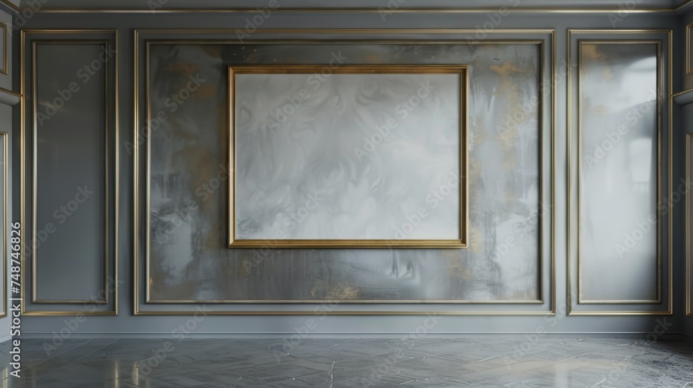 Fototapeta premium A rectangular large empty painting in a gold frame hanging on a gray wall.
