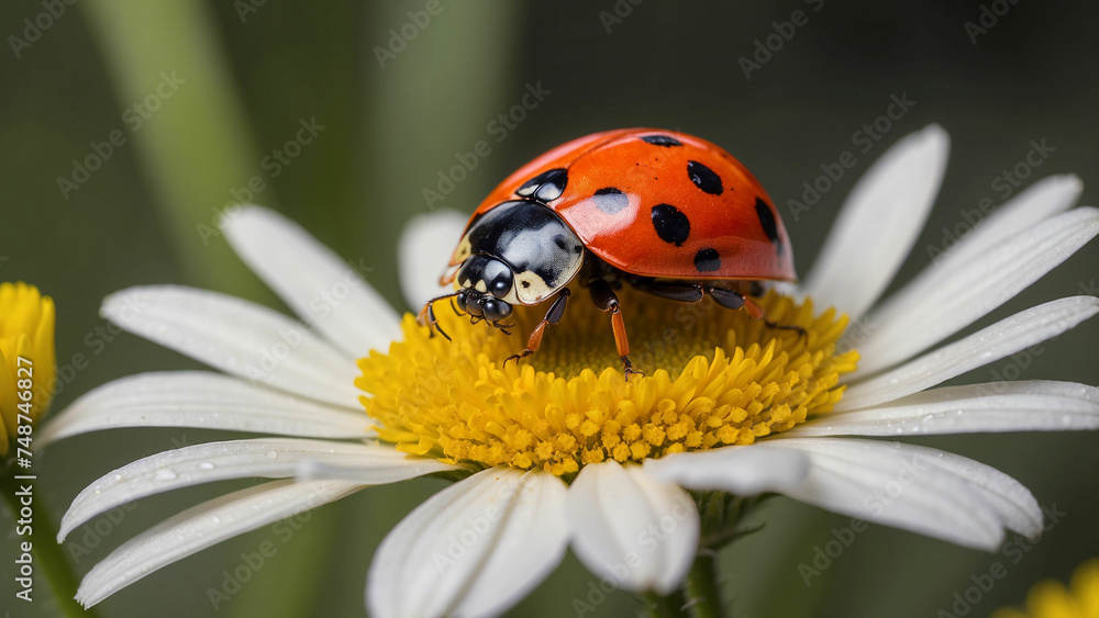 A beautiful shot a curious ladybug examining the intricate details of a colorful daisy and its black spots standing out against the petals
A beautiful shot a curious ladybug examining the intricate details of a colorful daisy and its black spots standing out against the petals