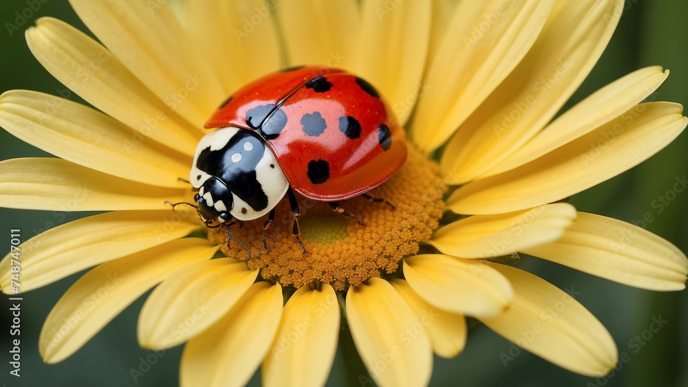 A beautiful shot a curious ladybug examining the intricate details of a colorful daisy and its black spots standing out against the petals
A beautiful shot a curious ladybug examining the intricate details of a colorful daisy and its black spots standing out against the petals