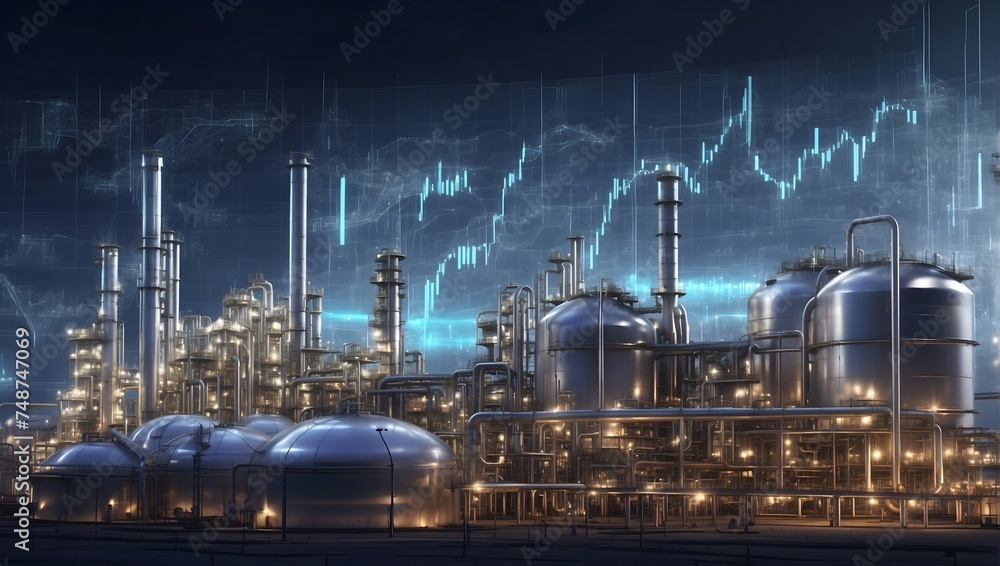 Futuristic wide banner of an oil and gas refinery, storage tanks in view, with a holographic HUD overlay of demand and price charts symbolizing industry insights Generative AI