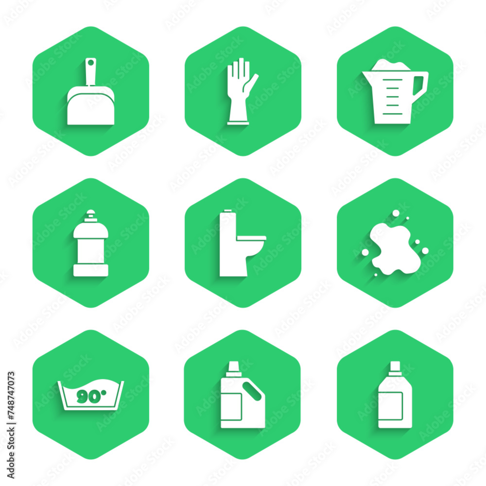 Set Toilet bowl, Bottle for cleaning agent, Water spill, Temperature wash, Washing powder and Dustpan icon. Vector Set Toilet bowl, Bottle for cleaning agent, Water spill, Temperature wash, Washing powder and Dustpan icon. Vector