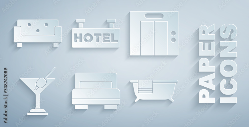 Set Hotel room bed, Lift, Martini glass, Bathtub, Signboard with text and Sofa icon. Vector Set Hotel room bed, Lift, Martini glass, Bathtub, Signboard with text and Sofa icon. Vector