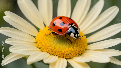  A beautiful shot a curious ladybug examining the intricate details of a colorful daisy and its black spots standing out against the petals