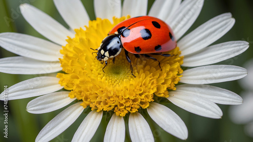  A beautiful shot a curious ladybug examining the intricate details of a colorful daisy and its black spots standing out against the petals