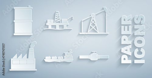 Set Oil tanker ship, pump or pump jack, industrial factory building, Industry pipes and valve, platform the sea and Barrel oil icon. Vector