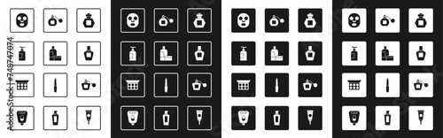 Set Perfume, Cream or lotion cosmetic tube, Facial mask, and Makeup powder with mirror icon. Vector