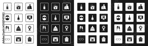 Set Santa Claus bag gift, Merry Christmas ringing bell, Ski goggles, Burning candle, Snowflake speech bubble, house, and Glass of champagne icon. Vector