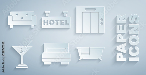 Set Hotel room bed, Lift, Martini glass, Bathtub, Signboard with text and Sofa icon. Vector