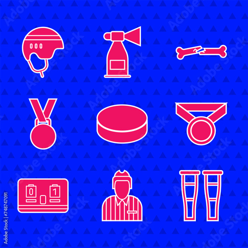 Set Hockey puck, judge, referee, arbiter, Crutch or crutches, Medal, mechanical scoreboard, Human broken bone and helmet icon. Vector