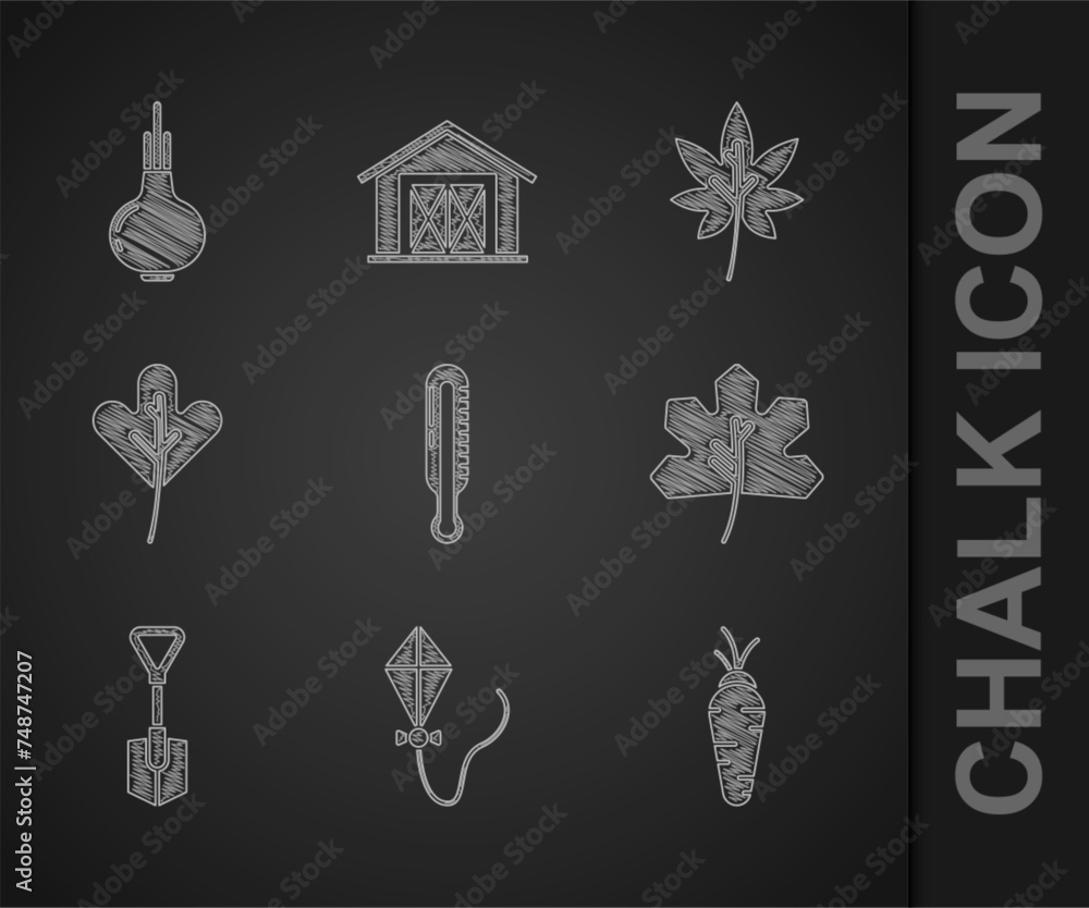 Set Meteorology thermometer, Kite, Carrot, Leaf leaves, Shovel, and Onion icon. Vector