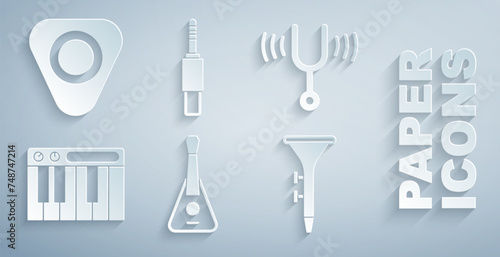 Set Guitar, Musical tuning fork, synthesizer, Drum and drum sticks, Audio jack and pick icon. Vector