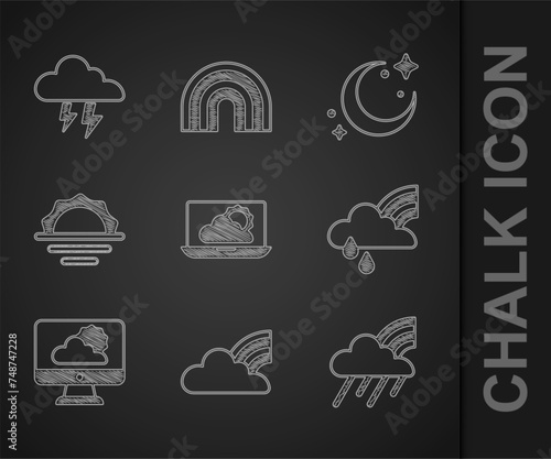 Set Weather forecast  Rainbow with clouds  and rain  Sunrise  Moon stars and Storm icon. Vector