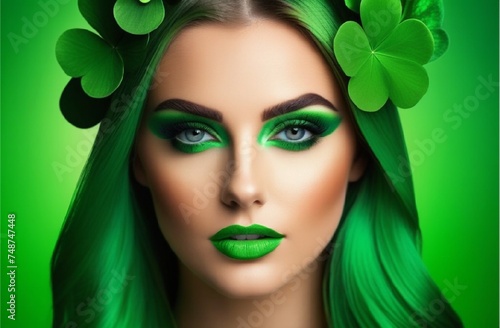 Striking portrait of a beautiful woman with green hair and makeup in shades of green, set against a green background. Perfect St. Patrick's Day banner.