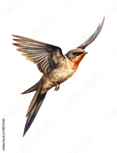 Watercolor illustration of a flying swallow bird isolated on white background.