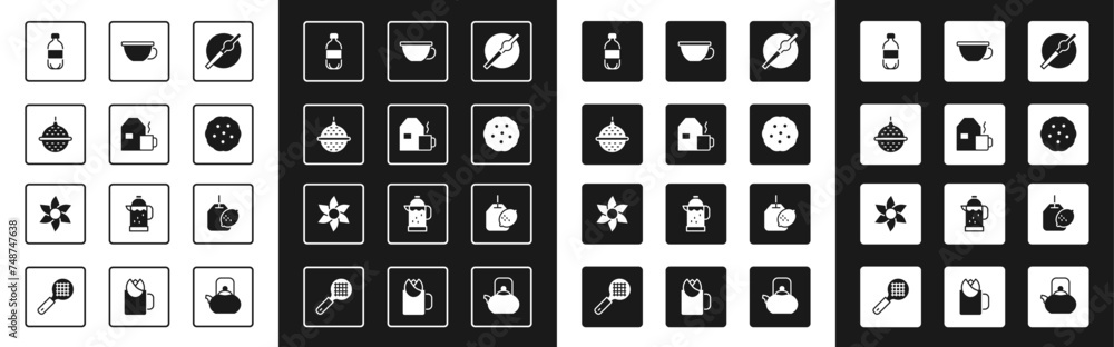Set Cigarette, Cup of tea with milk, Ball strainer, Bottle water, Cookie or biscuit, Tea bag lemon and Flower icon. Vector Set Cigarette, Cup of tea with milk, Ball strainer, Bottle water, Cookie or biscuit, Tea bag lemon and Flower icon. Vector