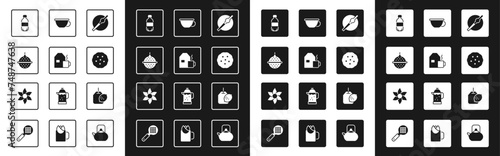 Set Cigarette, Cup of tea with milk, Ball strainer, Bottle water, Cookie or biscuit, Tea bag lemon and Flower icon. Vector