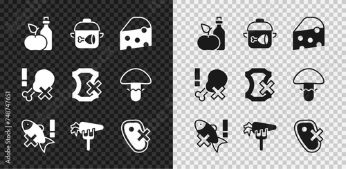Set Apple cider vinegar in bottle, Cooking pot and chicken leg, Cheese, No fish, Carrot, meat, and leather icon. Vector