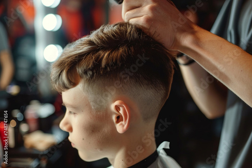 Teenage boy in barber shop. Barber stands by child with new modern haircut low fade