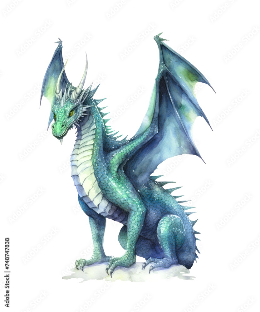 Watercolor illustration of a blue dragon isolated on white background. Watercolor illustration of a blue dragon isolated on white background.