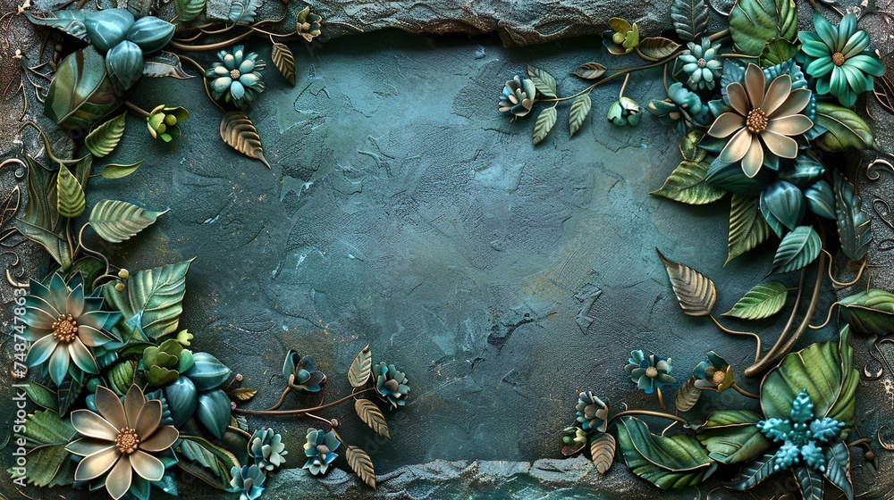 Fondo de textura de piedra con marco de flores. Concepto de recurso gráfico.  - obrazy, fototapety, plakaty 