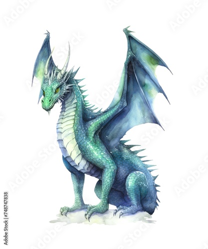 Watercolor illustration of a blue dragon isolated on white background.