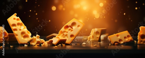 Delicious pieces of luxury cheese with holes, flowing on dark panorama background. Generative Ai.