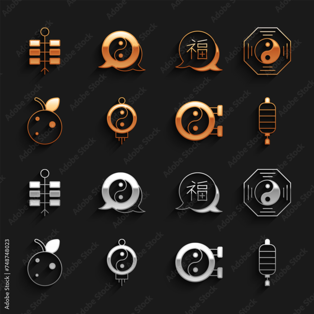 Set Chinese paper lantern, Yin Yang symbol, Peach fruit or nectarine, New Year, Firework and icon. Vector Set Chinese paper lantern, Yin Yang symbol, Peach fruit or nectarine, New Year, Firework and icon. Vector