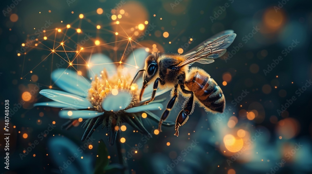 A bee pollinating a flower, symbolizing cross pollination in blockchain networks. - obrazy, fototapety, plakaty 