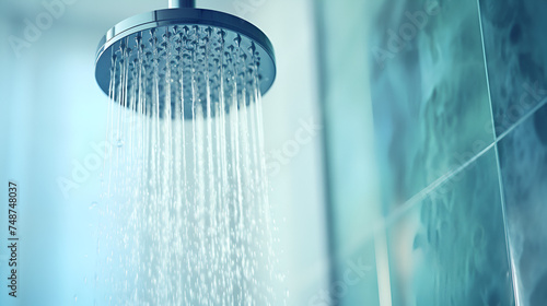 shower head with drops,Close up of shower water flow in the bathroom
